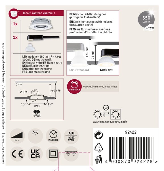 Paulmann LED Einbaustrahler Set mit GU10 Leuchtmittel dimmbar neutralweiß 550 Lumen 4,9 Watt flache Einbautiefe