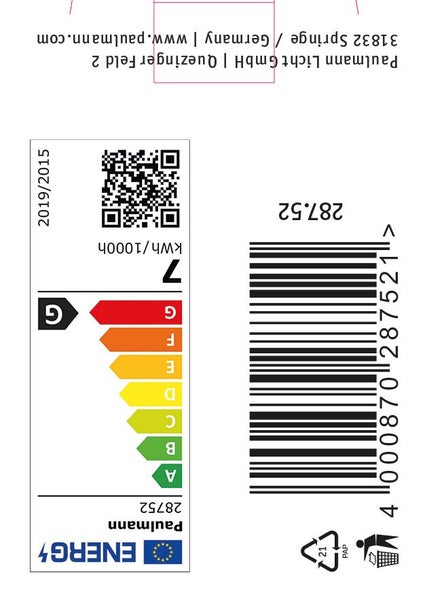 EU Energieeffizienzlabel der Klasse G für ein Leuchtmittel der Firma Paulmann mit QR Code und Strichcode.
