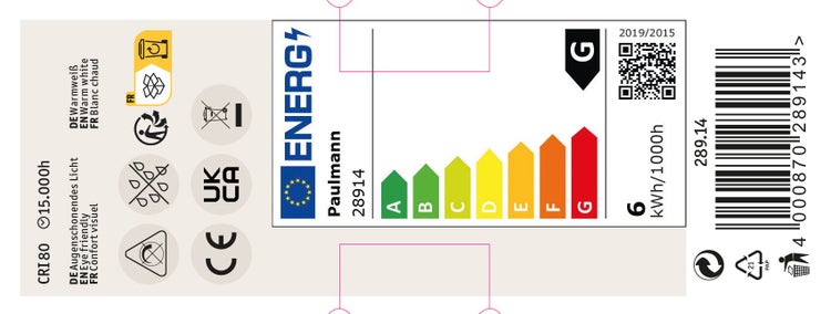 Paulmann LED Leuchtmittel 28914 Energieeffizienzklasse G mit Energielabel und technischen Produktdaten.