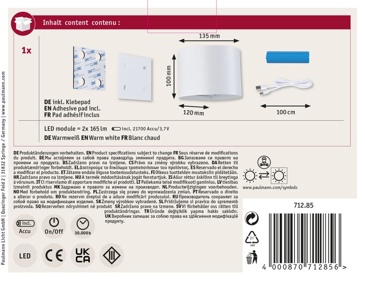Paulmann LED Wandleuchte mit Akku, Klebepad und USB Ladekabel, Maße 135 mal 100 mal 120 Millimeter, warmweißes Licht.