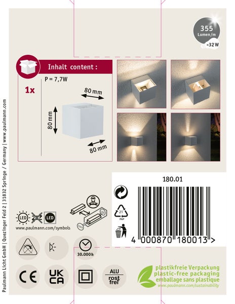 Produktverpackung einer Paulmann LED Wandleuchte mit technischen Details und Anwendungsbeispielen sowie Informationen zur Nachhaltigkeit.