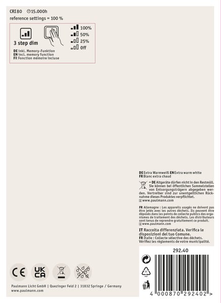 Paulmann Logo. Modernes Firmengebäude mit Blumenwiese. Text zu Lichtkompetenz seit 1978, Direktversand, Kundenservice und 100 Prozent Recycling.