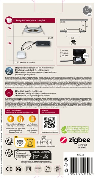 Technisches Datenblatt für ein dreiteiliges LED Einbauleuchten Set mit IP44 Spritzwasserschutz, Zigbee Steuerung und Montageanleitung.