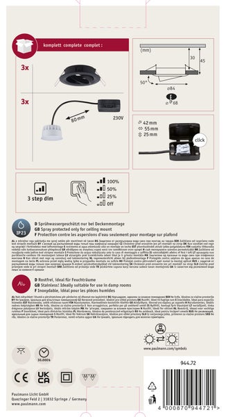 Technisches Datenblatt für Paulmann LED Einbaustrahler Set mit 3 Stück, IP23 Spritzwasserschutz und 3 Stufen Dimmfunktion.