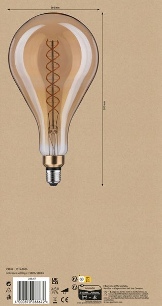 Große dekorative LED Filament Lampe in Birnenform mit E27 Sockel, 160 Millimeter Durchmesser und 300 Millimeter Höhe.