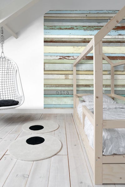 ESTAhome Fototapete Holz-optik Blau, Grau, Pastellgelb und Mintgrün - 186 cm x 279 m - 158004