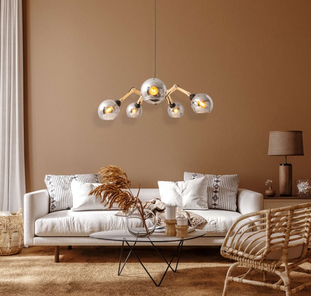 5er Glas-Pendelleuchte SOITO Hängelampe aus Metall, Glas und Gummibaumholz, mit E14-Fassung, für Esszimmer, Wohnzimmer, Diele oder Büro, 80 cm Durchmesser