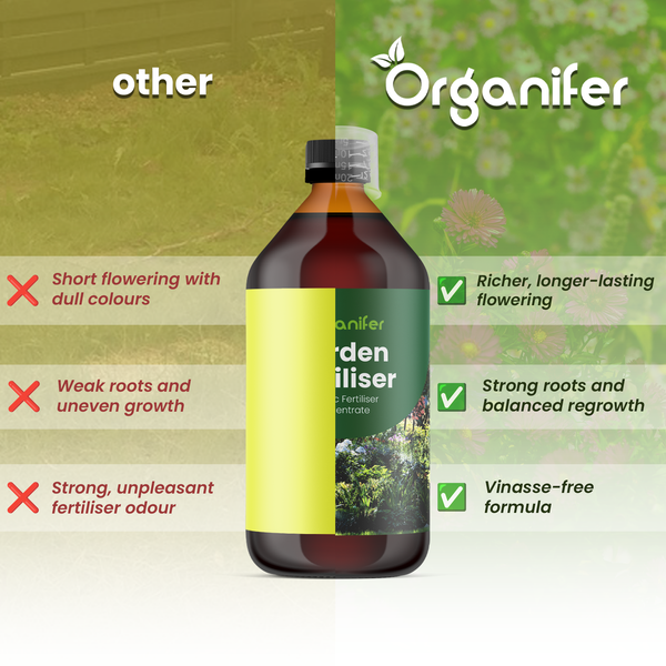 Organifer Logo. Vergleich von Gartendünger: Längere Blütezeit, starke Wurzeln und vinassefreie Formel gegenüber anderen Marken.