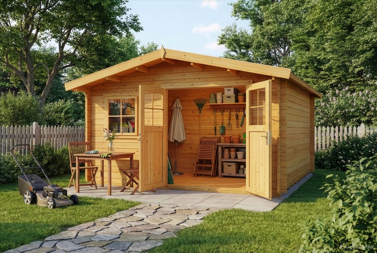 Gartenhaus aus Holz mit Doppeltür, Fenster und organisierter Inneneinrichtung in einem Garten mit Rasen, Pflasterweg und Rasenmäher.