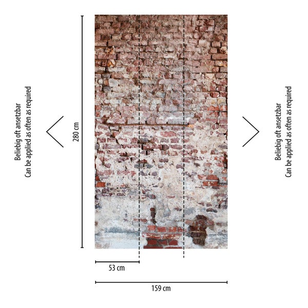 Fototapete mit Ziegelwandmuster und Größenangaben