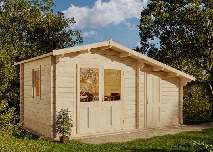 Alpholz Gerätehaus Deco Gartenhaus aus Holz in natur, Holzhaus mit 44 mm Wandstärke, Blockbohlenhaus mit Montagematerial imprägniert 5,3x3,5m