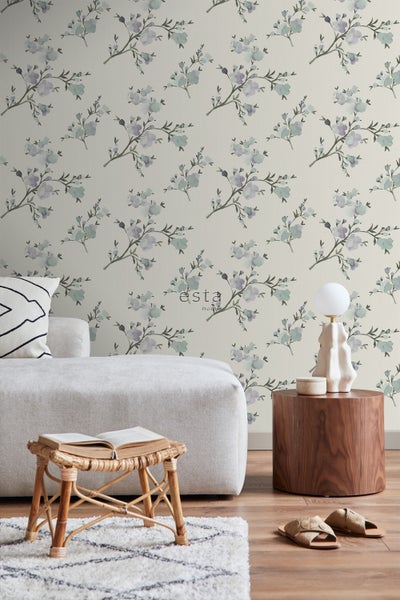 ESTAhome Tapete Kirschblüten Beige und Violett - 53 cm x 10.05 m - 148715