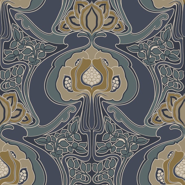 ESTAhome Tapete Blumenmuster im Jugendstil Graublau - 53 cm x 10.05 m - 139572