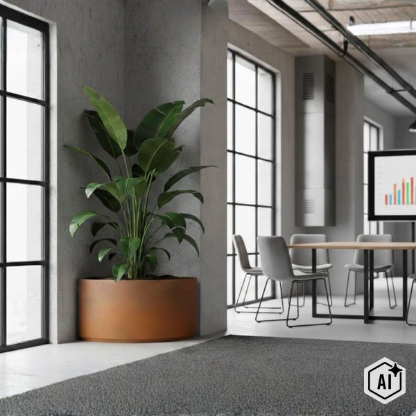 Große Grünpflanze in rundem Pflanzkübel in Rost-Optik in einem hellen, modernen Büro mit Sichtbeton, Glasfronten und Konferenzbereich.