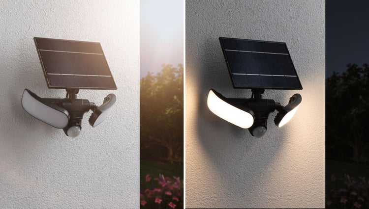 Solar LED Wandfluter Sonlig Dämmerungsgesteuerter Bewegungsmelder (IR) IP65 eckig 286x137mm 3000K 2x9W 2x1100lm 3,7V Anthrazit Kunststoff