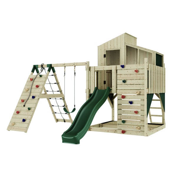 Spielturm aus Holz mit Rutsche, Schaukel und Kletterwand