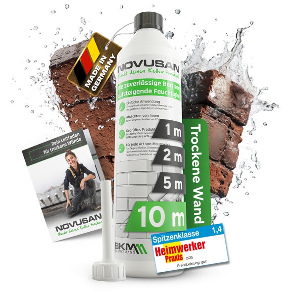 Novusan Horizontalsperre gegen aufsteigende Feuchtigkeit mit Injektionsdüse, Prüfsiegel und Kennzeichnung für Herstellung in Deutschland.
