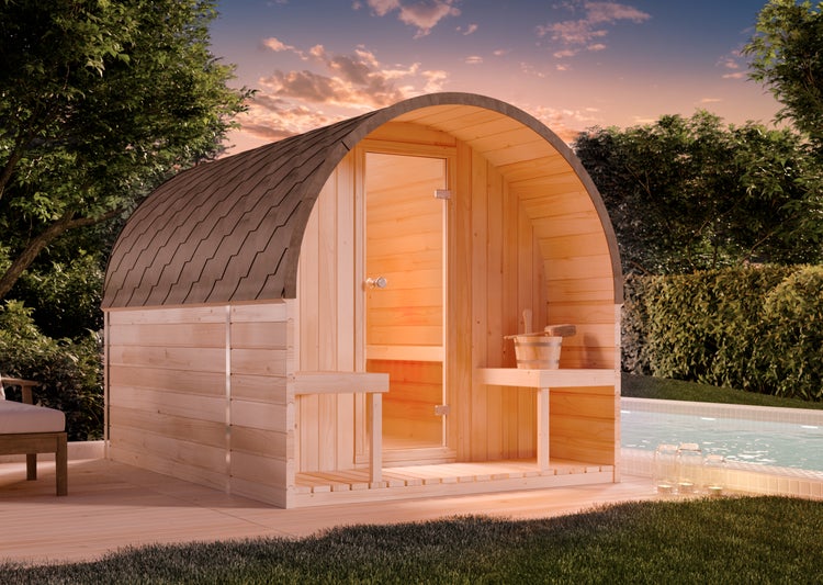 FinnTherm Fasssauna ScandiPod Premium Fasssauna 2 Sitzbänke aus Holz, Sauna mit 42 mm Wandstärke, Außensauna ohne Fenster, Naturbelassen 2x2,8m