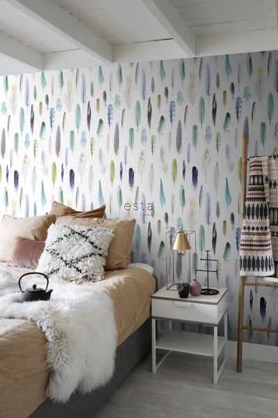 ESTAhome XXL-Vliestapete Federn Grün, Blau und Beige - 50 x 900 cm - 158602
