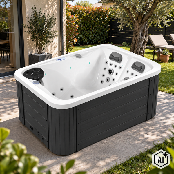 Rechteckiger Außenwhirlpool mit Massagedüsen und zwei Kopfstützen auf einer Terrasse im Garten platziert.