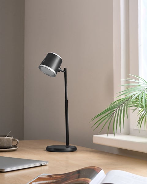 Schwarze Stehleuchte mit verstellbarem Lampenkopf.