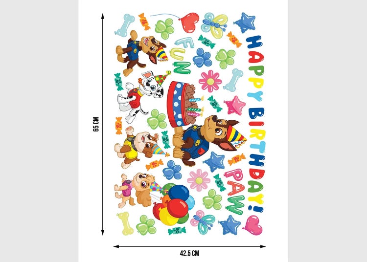 Wandsticker-Set Paw Patrol Geburtstag mit Charakteren, Geburtstagstorte und Schriftzug Happy Birthday, 65 mal 42,5 Zentimeter.