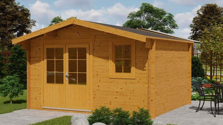 Alpholz Garten- und Gerätehaus Roger-34 Imprägniert Gartenhaus aus Holz in natur, Holzhaus mit 34 mm Wandstärke, Blockbohlenhaus mit Montagematerial 4x3,5m