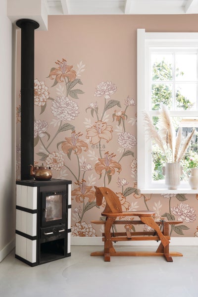 ESTAhome Fototapete Blumenmuster Altrosa und Terrakotta - 150 x 279 cm - 159210