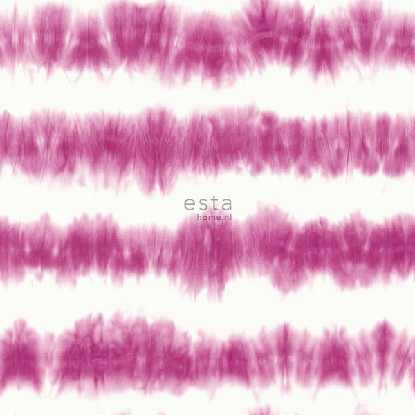 ESTAhome Tapete horizontale Tie-Dye Shibori Streifen Tiefrosa und Weiß - 53 cm x 10.05 m - 148688