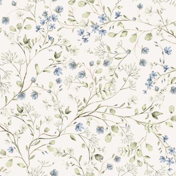 ESTAhome Tapete Blumen Graugrün, Blau und Weiß - 50 x 900 cm - 131139