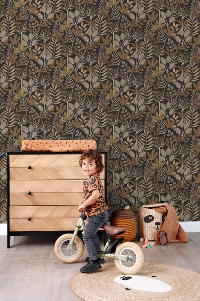 ESTAhome Tapete Blätter Schwarz, Braun und Beige - 50 x 900 cm - 139682