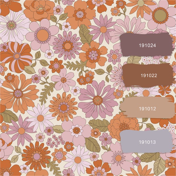 ESTAhome Tapete Retro Blumen Lila und Orange - 53 cm x 10.05 m - 130961