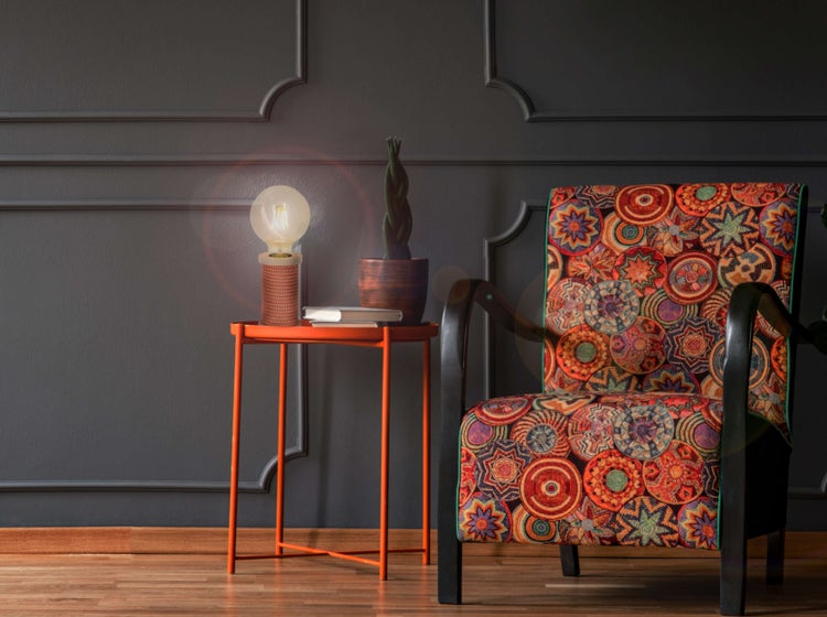 Tischleuchte max. 12cm hoch, Deko-Tischleuchte aus Metall und Kunststoff und Textilmaterial in orange-weiß, E27-Fassung, Tischlampe für Esszimmer, Küche, Kinderzimmer, Diele