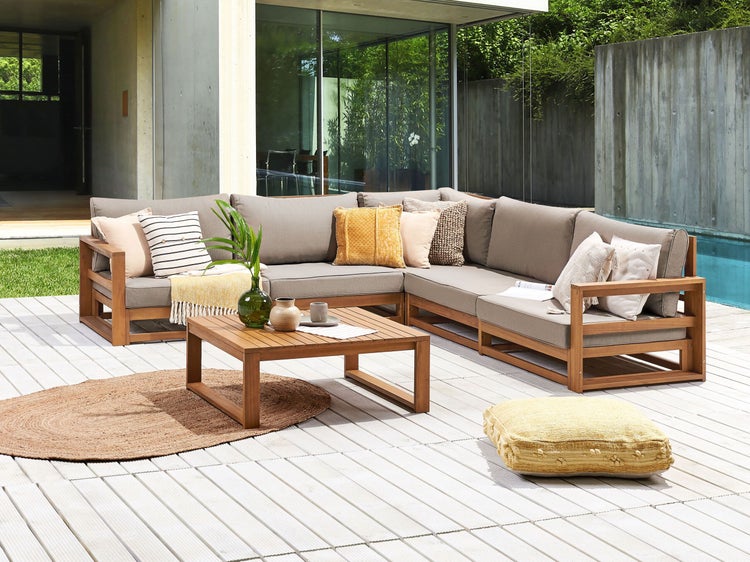 Garten Ecksofa mit Tisch 5-Sitzer TIMOR modular zertifiziertes Akazienholz Hellbraun