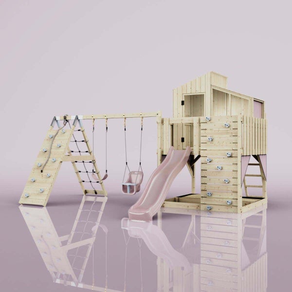 Kletterturm aus Holz für Kinder mit Rutsche, Schaukeln, Kletterwand, Kletternetz und Spielhaus.