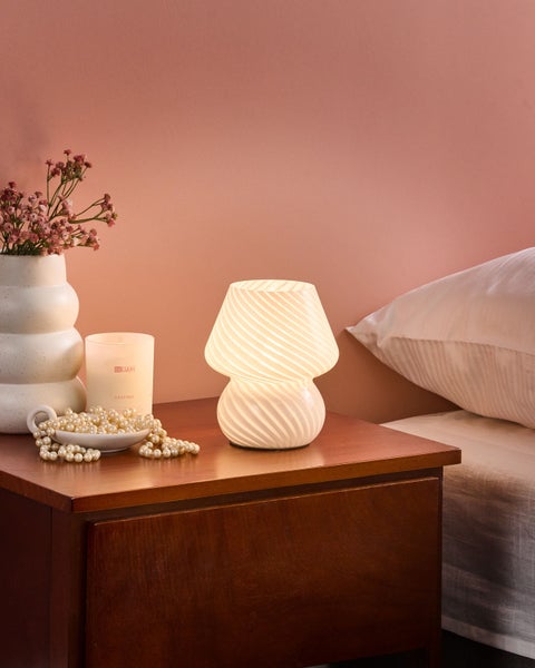 Weiße Tischleuchte aus Glas mit gewirbeltem Muster