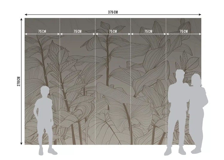 Fototapete mit botanischem Blättermotiv, Breite 375 Zentimeter, Höhe 270 Zentimeter, bestehend aus fünf Bahnen zu je 75 Zentimeter.