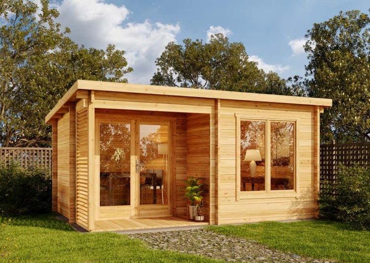 Alpholz Gartenhaus Orkus-44 Petite Gartenhaus aus Holz, Holzhaus mit 44 mm Wandstärke inklusive Terrasse, Blockbohlenhaus mit Montagematerial, Naturbelassen 4,9x3,5m