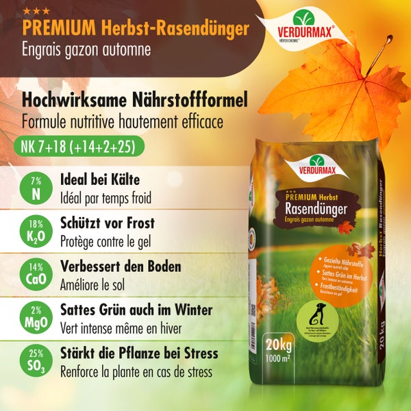 Verpackung Herbstrasendünger mit Nährstoffangaben und Verdurmax Logo