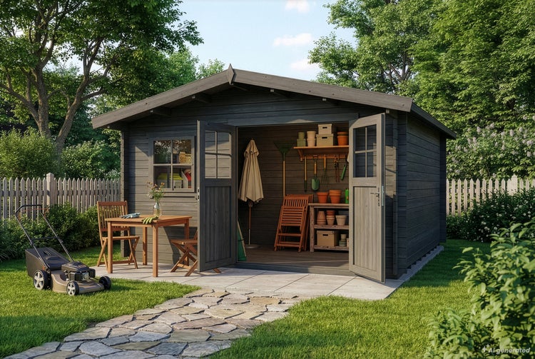 Gartenhaus aus Holz mit Doppeltür, offener Innenraum mit Regalen und Gartenwerkzeugen, davor ein Holztisch mit Stühlen und ein Rasenmäher im Garten.
