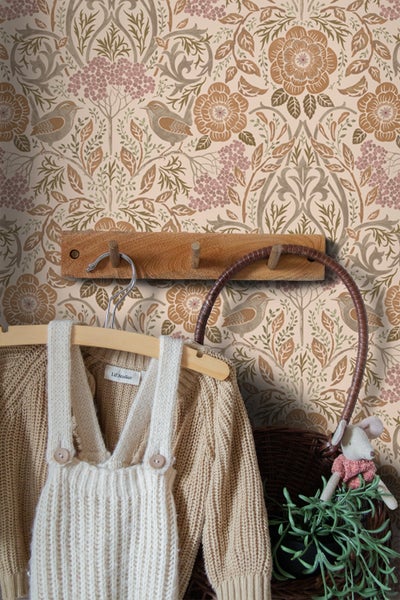 ESTAhome Tapete Blumen und Vögel im Jugendstil Beige, Terrakotta und Altrosa - 53 cm x 10.05 m - 139567