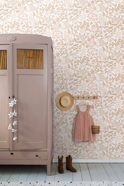 ESTAhome Tapete Blumen und Vögel Weiß, Beige und Hellrosa - 53 cm x 10.05 m - 139866