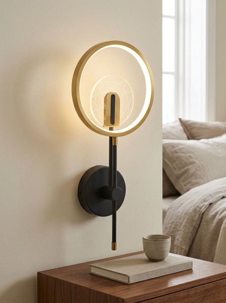 Moderne LED Wandleuchte mit rundem Ringdesign in Kombination aus Metall und Acryl montiert über einem Nachttisch im Schlafzimmer.