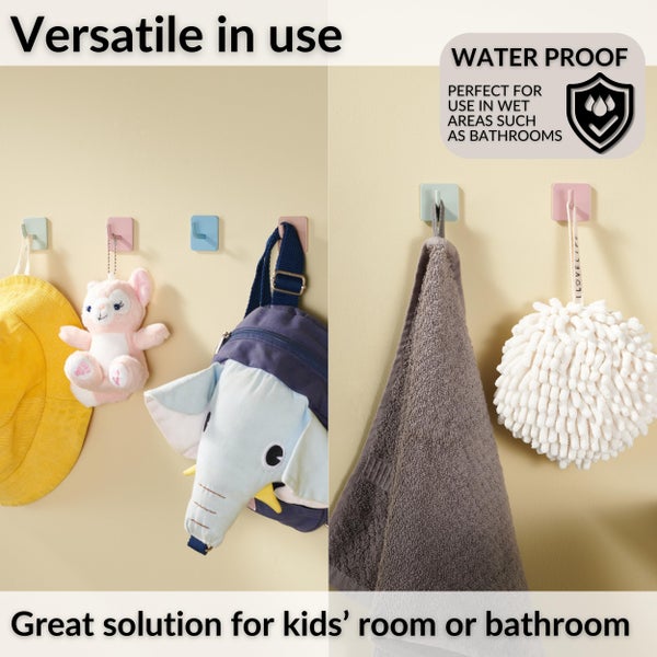 Vielseitige selbstklebende Wandhaken in verschiedenen Farben, ideal für Kinderzimmer oder als wasserfeste Haken im Badezimmer.