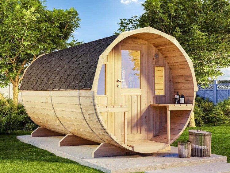 FinnTherm Fass-Sauna Max Fasssauna 2 Sitzbänke aus Holz, Sauna mit 40 mm Wandstärke, Außensauna mit Montagematerial