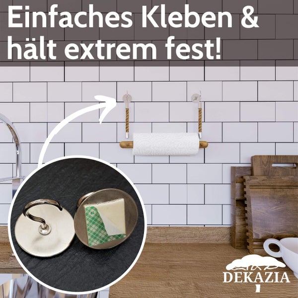 Selbstklebender Küchenrollenhalter aus Seil und Holz an einer gefliesten Wand mit Detailansicht der Klebepads sowie Dekazia Logo.
