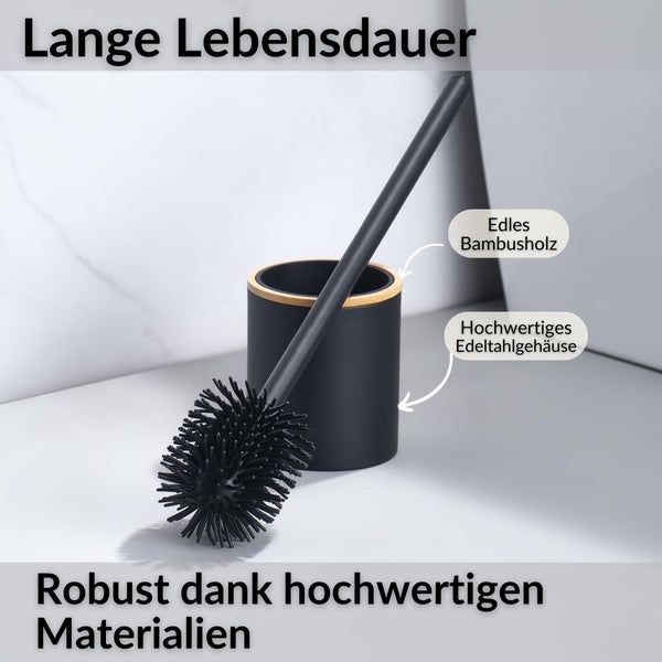 Robuste WC-Garnitur aus Edelstahl mit Bambusring, bestehend aus Toilettenbürste und Halter, für eine lange Lebensdauer.