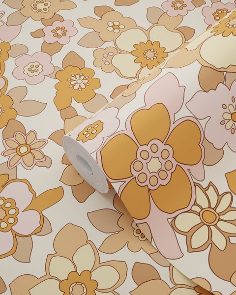 ESTAhome Tapete Retro Blumen Orange und Rosa - 50 x 900 cm - 131532