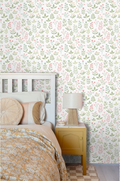 ESTAhome Tapete Feldblumen Grün und Rosa - 50 x 900 cm - 131094
