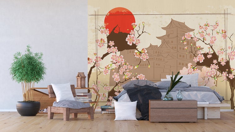 Helles Schlafzimmer mit japanisch inspiriertem Wandbild, Bambuspflanze und Holzelementen für einen ruhigen Raum